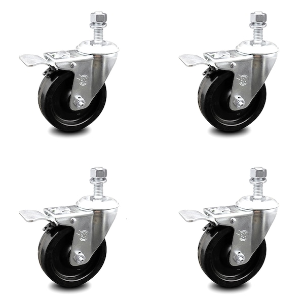 4 Inch Phenolic Swivel 12mm Threaded Stem Caster Set with Total Lock Brake